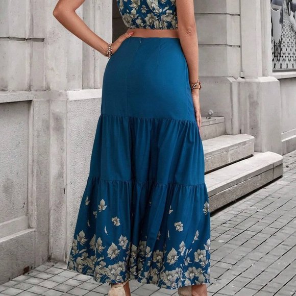 Blue Boho Womens Floral Print One Shoulder Crop Blouse & Split Thigh Skirt - Picture 2 of 5